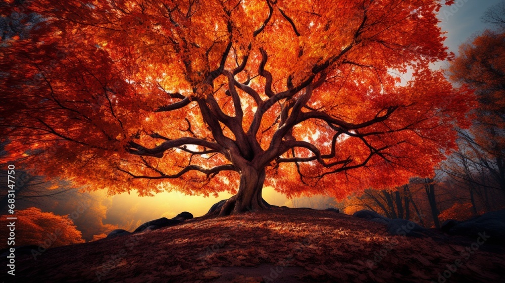 Majestic oak tree with fiery leaves. A symbol of autumn.
