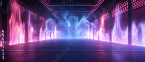 Smoke Fog Futuristic Sci Fi Purple Blue Pink Neon Tube Lights Glowing In Concrete Floor Room With Reflections Empty Space 3D Rendering Illustration