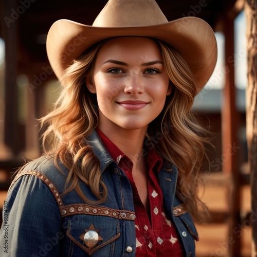 Young pretty cowgirl, female cowgirl, smiling and confident in Western ranch