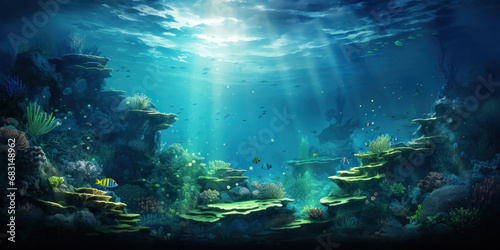 The underwater ocean world illuminated by shimmering light from above