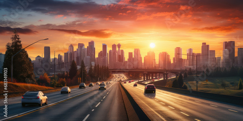 Bustling city highway scene, illuminated by the beauty of the setting sun