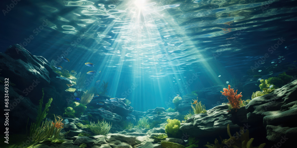 Sunlight dances through the water in an underwater ocean scene