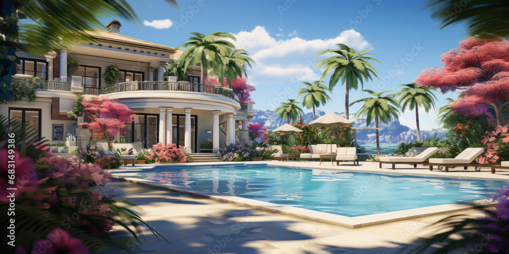 Lavish villa's backyard oasis complete with a pool and sundeck