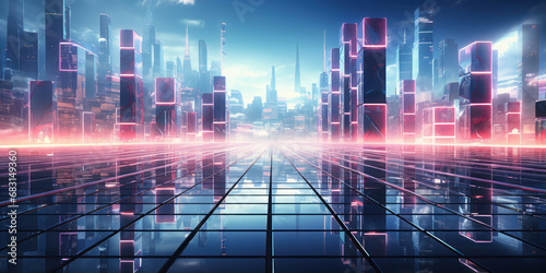 Fototapeta Naklejka Na Ścianę i Meble -  Glass panels reflecting neon lights, bringing a city stage to life