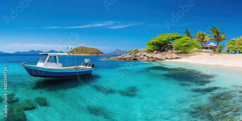 Picturesque island scene with boats dotting the surrounding ocean