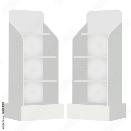 Gondola end for supermarket product display shelf. 3d Illustration podium.