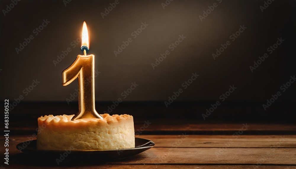 Candle on a cake alone - 1st anniversary - obrazy, fototapety, plakaty 