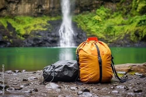 Camping bag or sleeping bag site in the lake shore with waterfall background