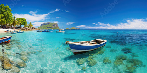 Picturesque island scene with boats dotting the surrounding ocean