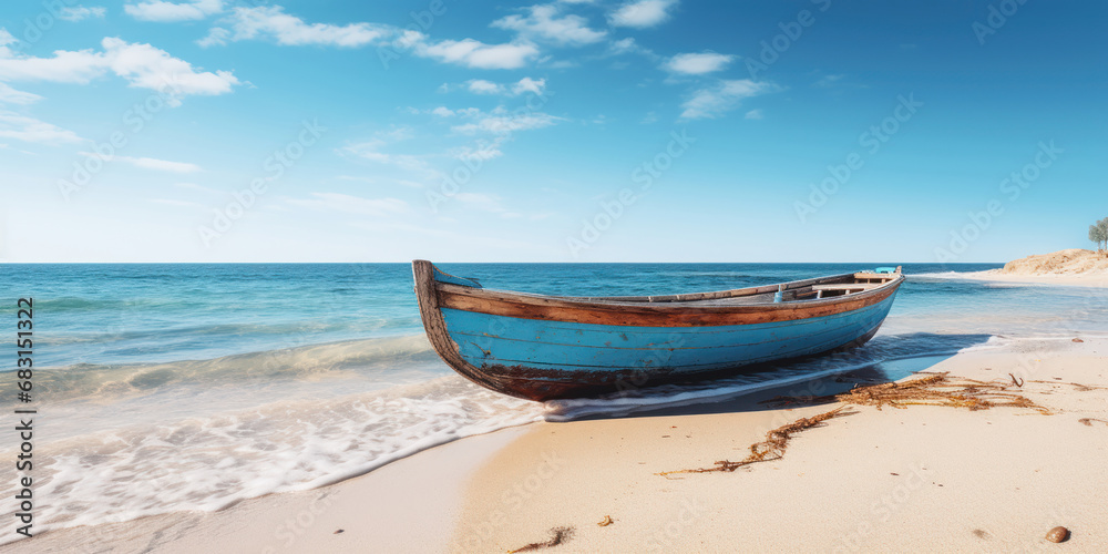 Rustic wooden boat gently bobbing on the waters near a sandy beach