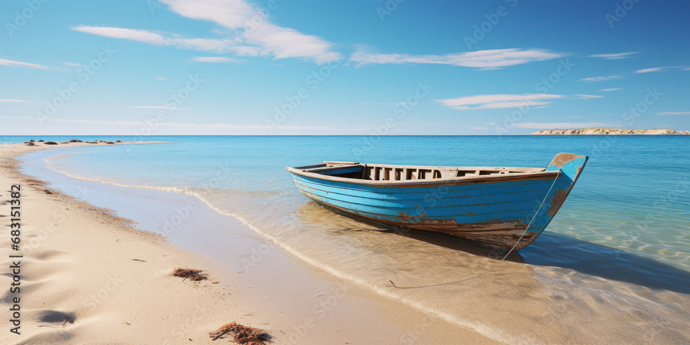 Rustic wooden boat gently bobbing on the waters near a sandy beach