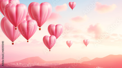 Hot air balloons in the sky. Valentine's day concept. 