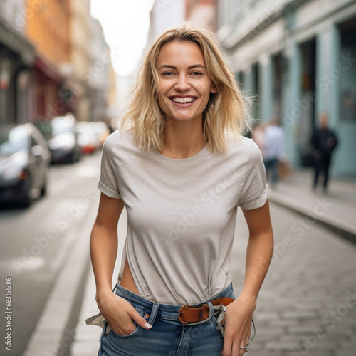 portrait of a smiling woman on the street, Generative AI