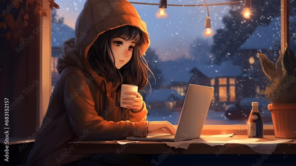 Anime girl playing laptop on a table by the window with a view of snowfall during winter. Loop Animation Video For Lofi Music or background music. time lapse. Generated with AI