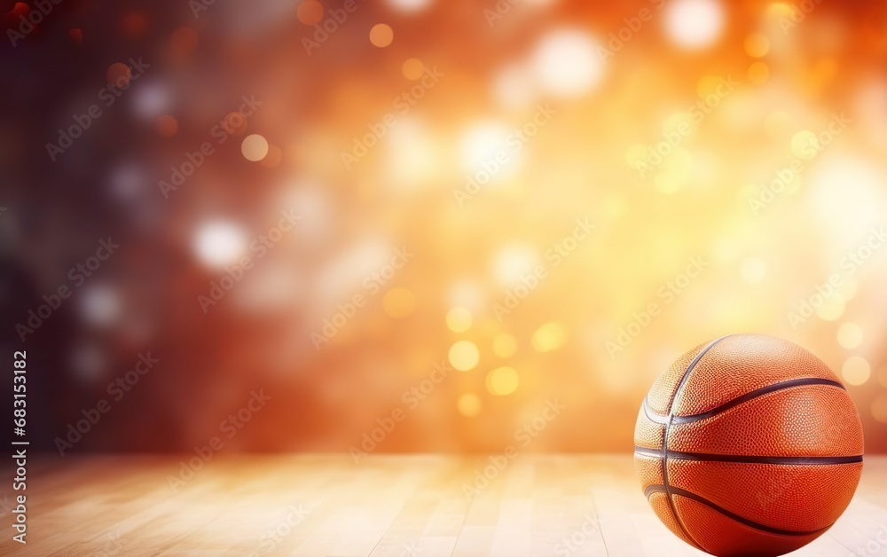 Photorealistic orange basketball ball on the floor of indoor basketball court. Blurred orange background. March madness poster design. Copy space, bokeh, de focus. Open bright colors. AI Generative.