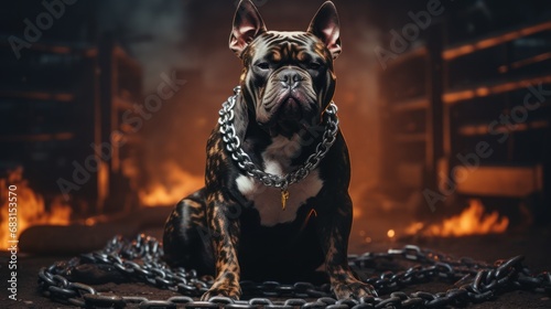 American Pit Bully dog with fierce and muscular muscles in a room with chains. The background of the photograph is a oppressive and confined environment. There is some smoke in the background.