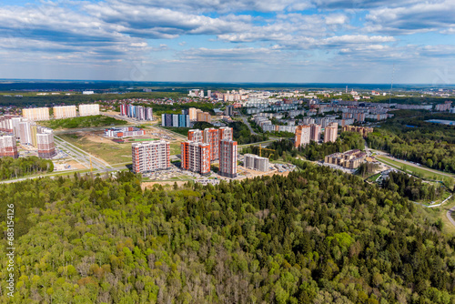 View of urban development from a great height due to the forest. Obninsk city  Russia