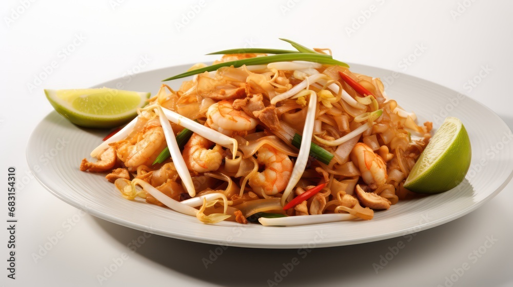 A Pad Thai wrapped in egg dramatic studio lighting and a shallow depth of field, placed on a white background surface, hot steam. A Pad Thai wrapped in egg dramatic studio lighting and a shallow depth of field, placed on a white background surface, hot steam.