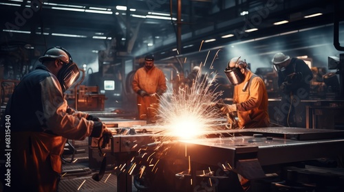 A Heavy industrial engineering factory interior with industrial workers wearing protective clothing using angle grinders and cutting metal pipes. photo
