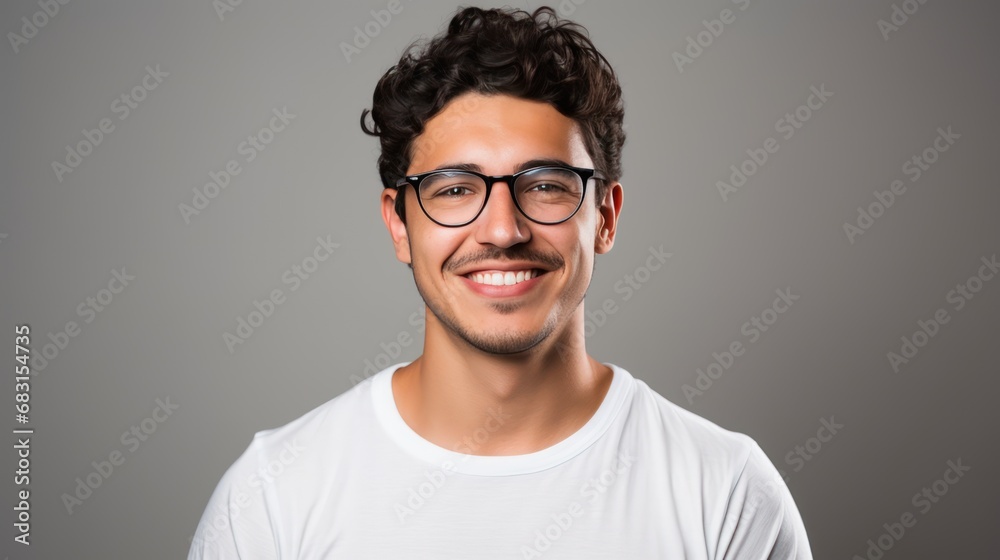 Obraz premium Attractive young Mexican man wearing a white t-shirt and glasses. Isolated on white background.