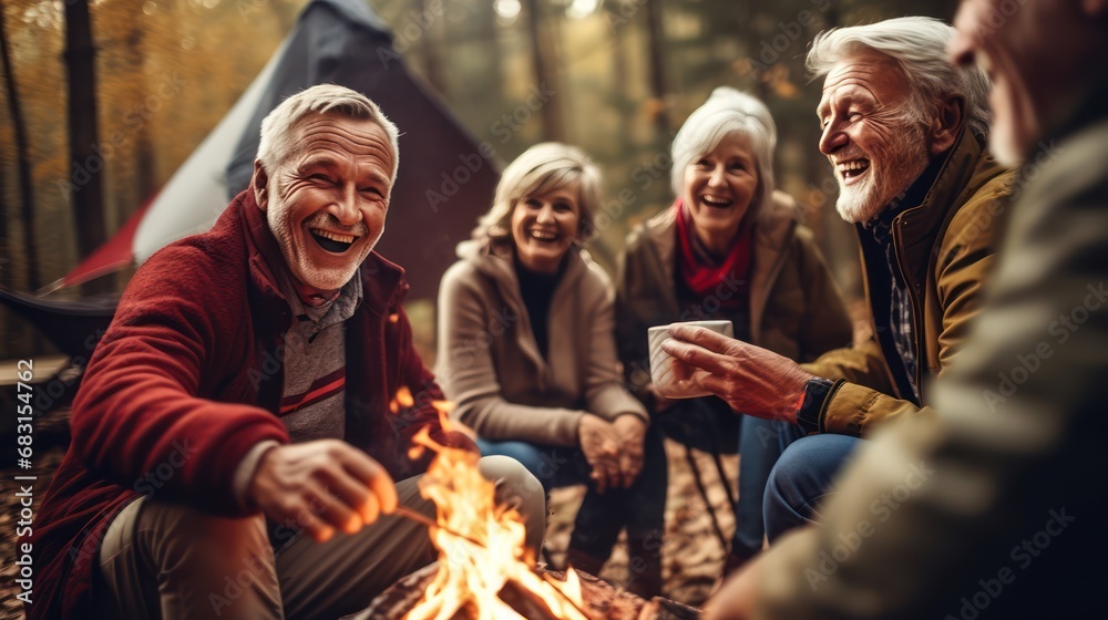 Obraz premium A Candid capture of joyful senior citizens enjoying companionship at a social club. Collect friendships and fun during camping adventures in misty forests and lakes.