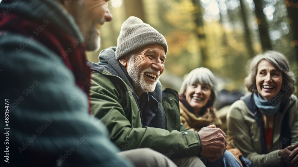 A Candid capture of joyful senior citizens enjoying companionship at a social club. Collect friendships and fun during camping adventures in misty forests and lakes.