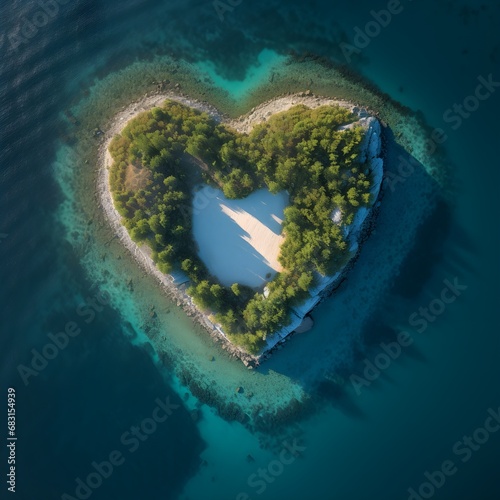 Island in a heart shape form in the middle of the ocean sea, earth day, global warming, mother earth