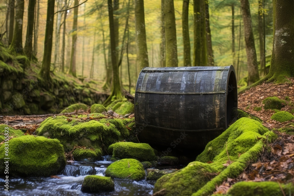 Fototapeta premium Shot of water barrel near a waterfall in a forest 