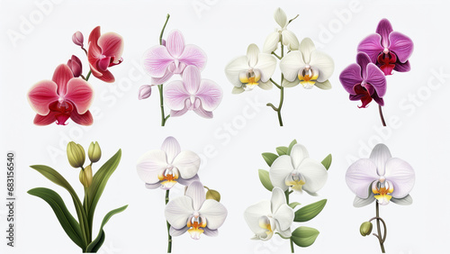 Orchid flower set Tropical plants, orchid floral watercolor illustration, botanical painting, greeting card frame border flowers, orchids, and leaves for wedding stationery, background, postcard, etc