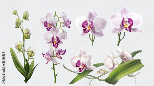 Orchid flower set Tropical plants, orchid floral watercolor illustration, botanical painting, greeting card frame border flowers, orchids, and leaves for wedding stationery, background, postcard, etc