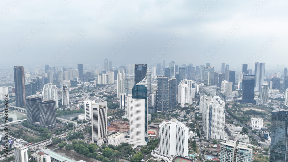 Aerial panoramic cityscape view of Jakarta. 
