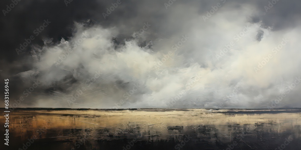 Abstract artwork includes a dramatic dark sky, highlighted by strong brushstrokes and grainy texture.