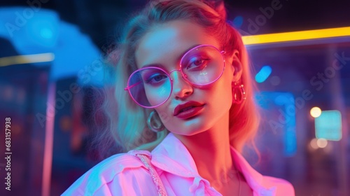 Close-up candid portrait photo of a fashion influencer posing with avant-garde style, vibrant neon colors.