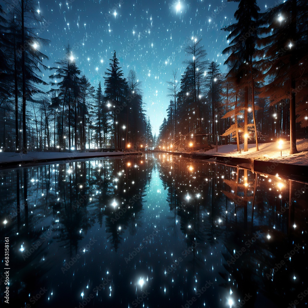 A winter forest at night with moonlight filtering through ,Winter Graphics, Winter Graphics image idea, Illustration
