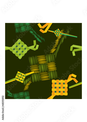 Editable Indonesian or Malaysian Ketupat Packed Rice Vector Illustration Seamless Pattern With Dark Background for Eid Mubarak Concept with Melayu and Javanese Culture