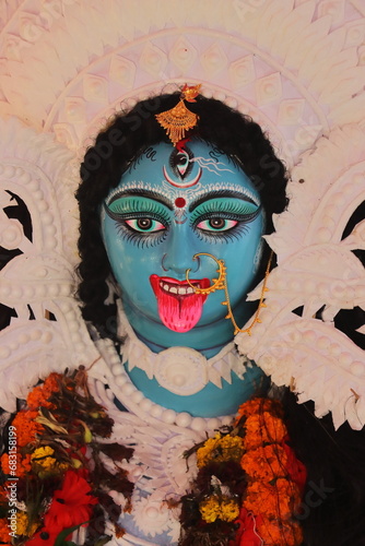 potrait of hindu goddess kali, beautiful maa kali idol during kali pujo festival in west bengal. the kali puja is held on the day of diwali in bengal photo