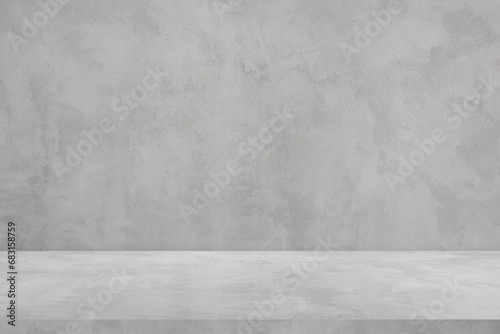 The counter cement shelf displays products gray Backdrops and backgrounds inside a blank studio with shadow and a white bottom with shadow. Modern luxury product display shelves