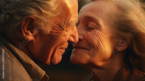 Close-up candid portrait photo of an elderly couple sharing a gentle kiss, warm golden hues © PixelPaletteArt