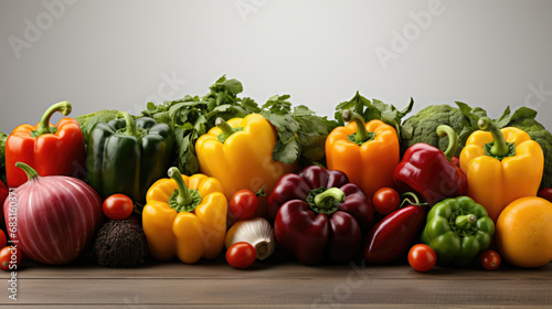 Assortment of fresh organic vegetables on light grey background on wooden table for a balanced diet. Healthy food concept