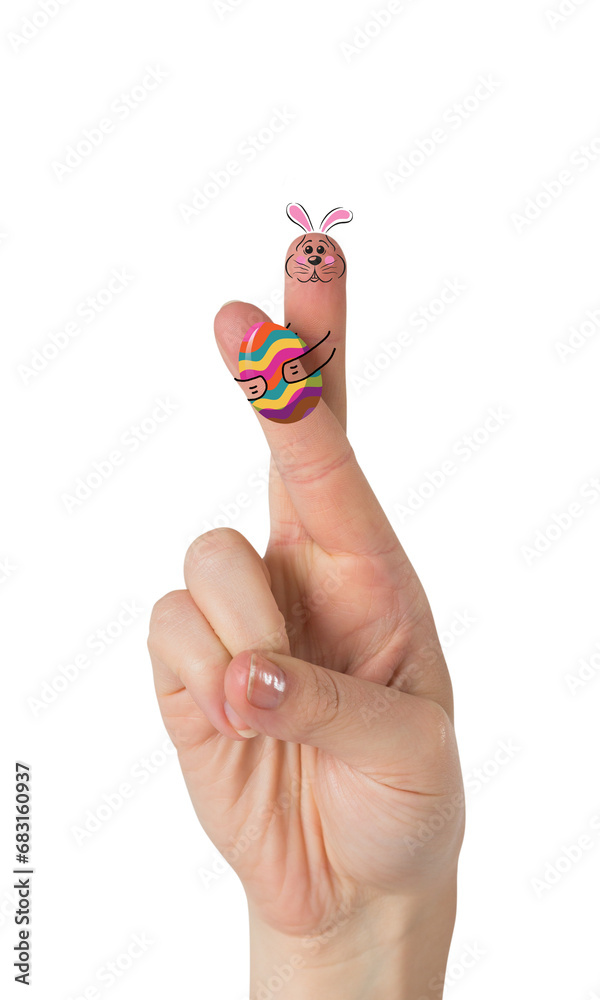 Naklejka premium Digital png illustration of hand with bunny holding egg on fingers on transparent background