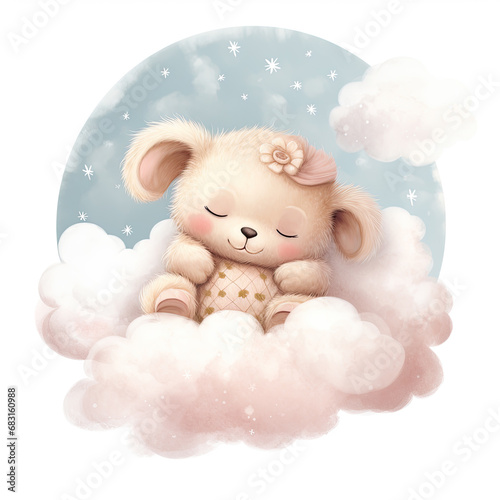Cute baby teddy rabbit sleeping on the cloud painted Illustration, Generative Ai