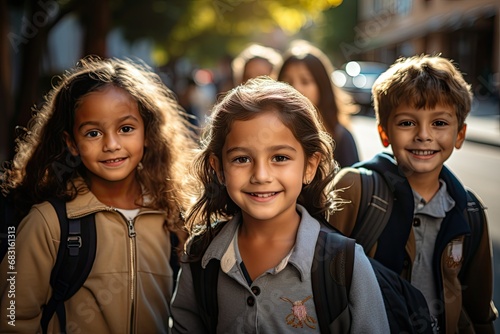 Joyful Schoolchildren with Backpacks on a Sunny Day photo