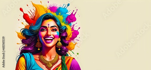 Beautiful illustration lady with a background of color splash representing Holi festival