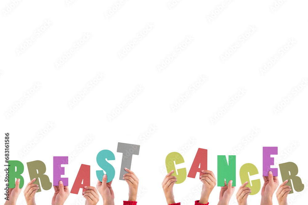 Digital png illustration of hands with breast cancer text on transparent background Digital png illustration of hands with breast cancer text on transparent background