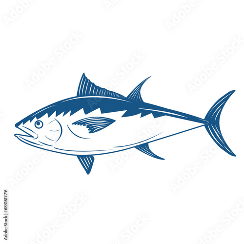 Outline tuna logo blue monochrome color, isolated on white background. Fish symbol. sport fishing club