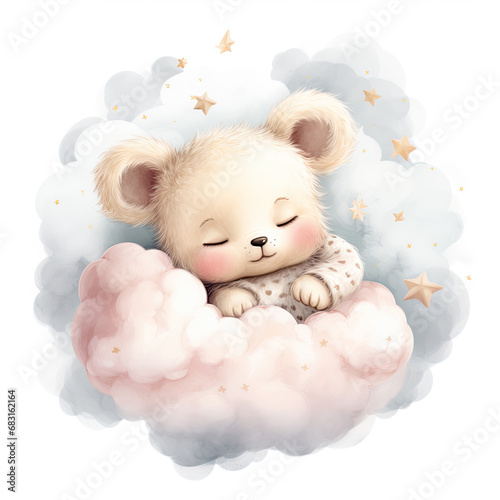 Cute baby teddy rabbit sleeping on the cloud painted Illustration, Generative Ai