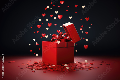 Shiny hearts scattering from an opened giftbox. Perfect for love, celebration, and surprise romance. © Mongkol