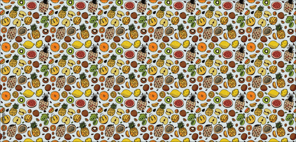 Fototapeta premium Vector seamless pattern with leopard, Vector Seamless pattern with tropical exotic fruits sketch vector illustration isolated, 