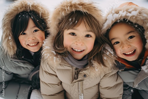 Joyful Winter Moments: Three Children Smiling in the Snow