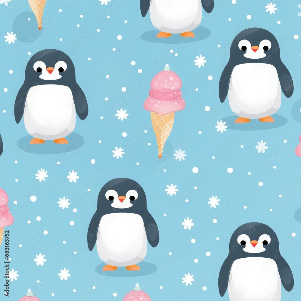 Obraz premium Adorable and pretty penguin pattern with snowflakes on pastel background.